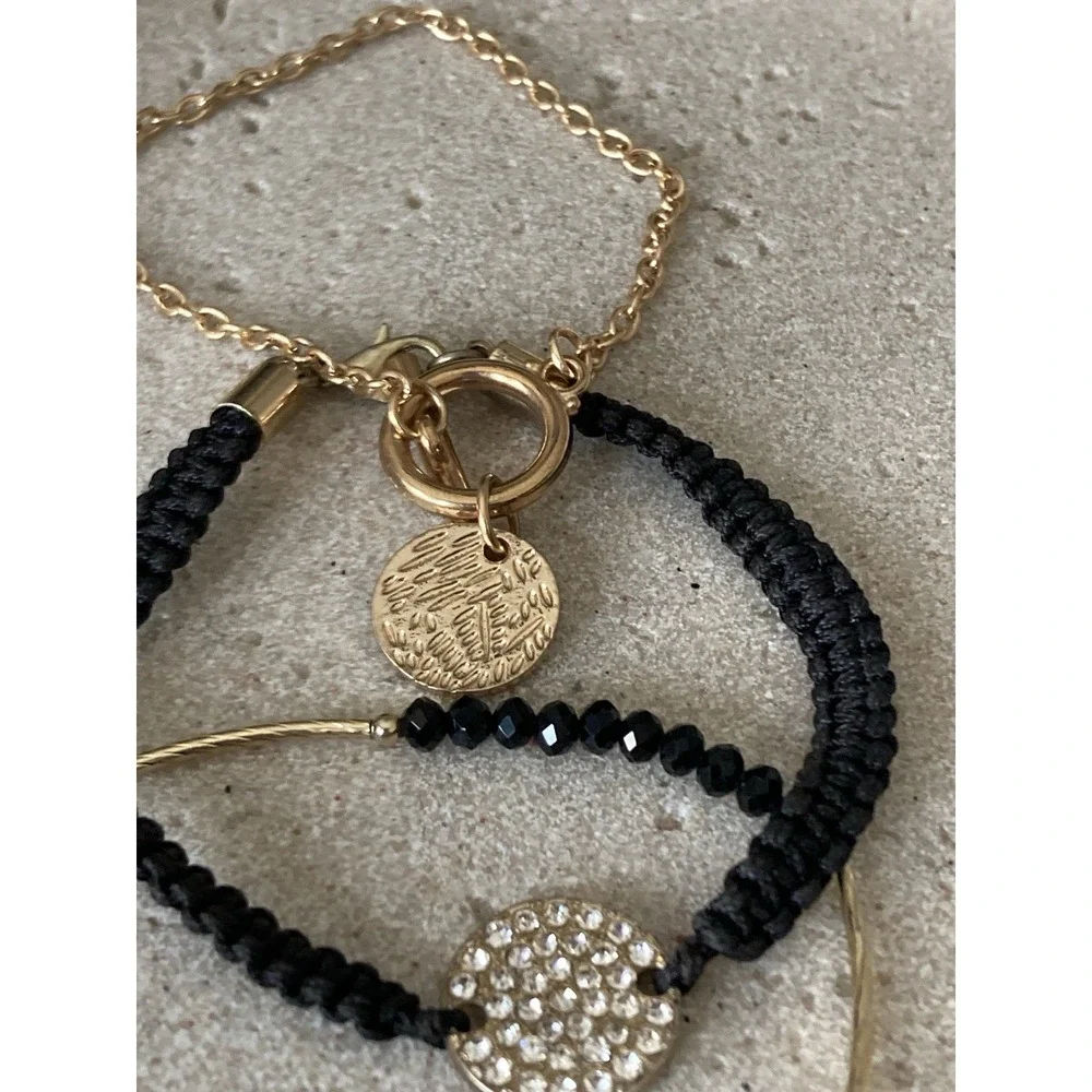 Gold Tone Black Beaded Starfish Bracelet Set Of 3 Rhinestone Charm Layered